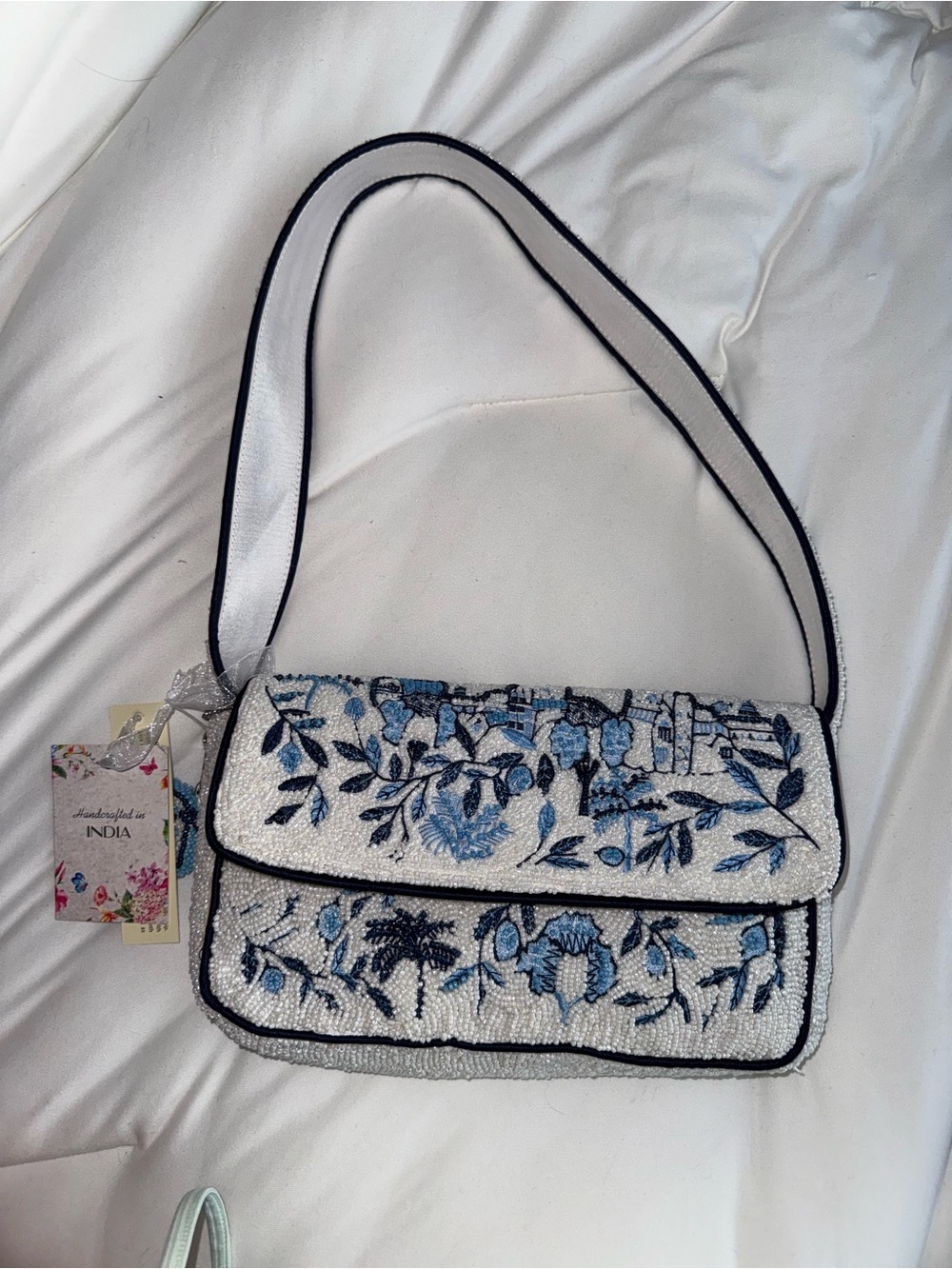 Blue and White Beaded Shoulder Bag Handmade in India New with Tags
